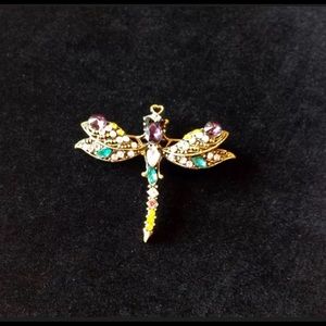Vintage Gold Amethyst and Emerald Dragonfly Brooch